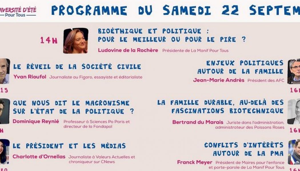 Université d’Eté 2018 de La Manif Pour Tous – Conférences de samedi après-midi