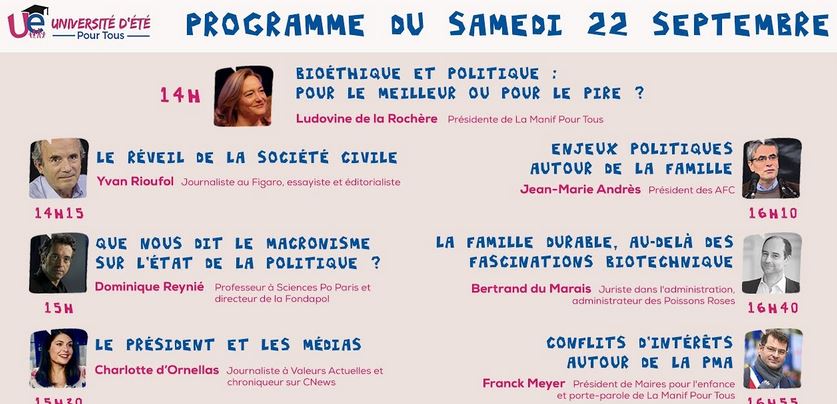 Université d’Eté 2018 de La Manif Pour Tous – Conférences de samedi après-midi