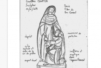 Sculpture d’une statue de “Marie qui garde les prêtres”