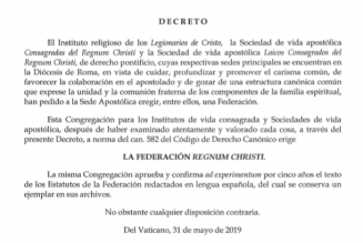 Le Saint-Siège érige canoniquement la fédération Regnum Christi
