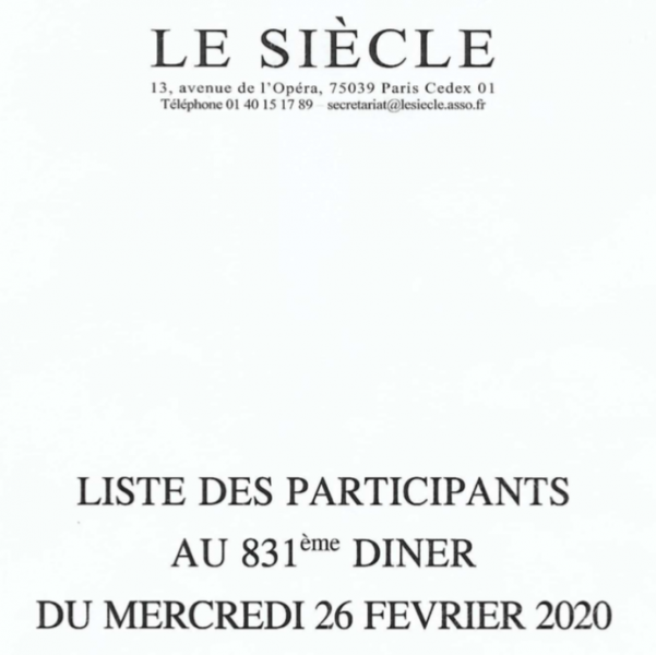Liste complète des participants au Dîner du Siècle du 26 février 2020