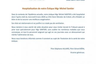 Covid19 : monseigneur Michel Santier hospitalisé