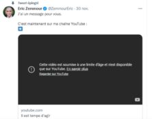 You Tube censure la vidéo de déclaration de candidature d’Eric Zemmour